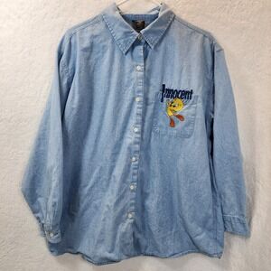Vintage Tweety Bird Innocent Denim Shirt Womens XL Chambray Button Front Cartoon